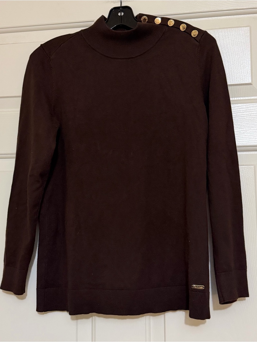 Calvin Klein Dark Chocolate Brown Mock Neck Sweater Gold Buttons Size Medium M